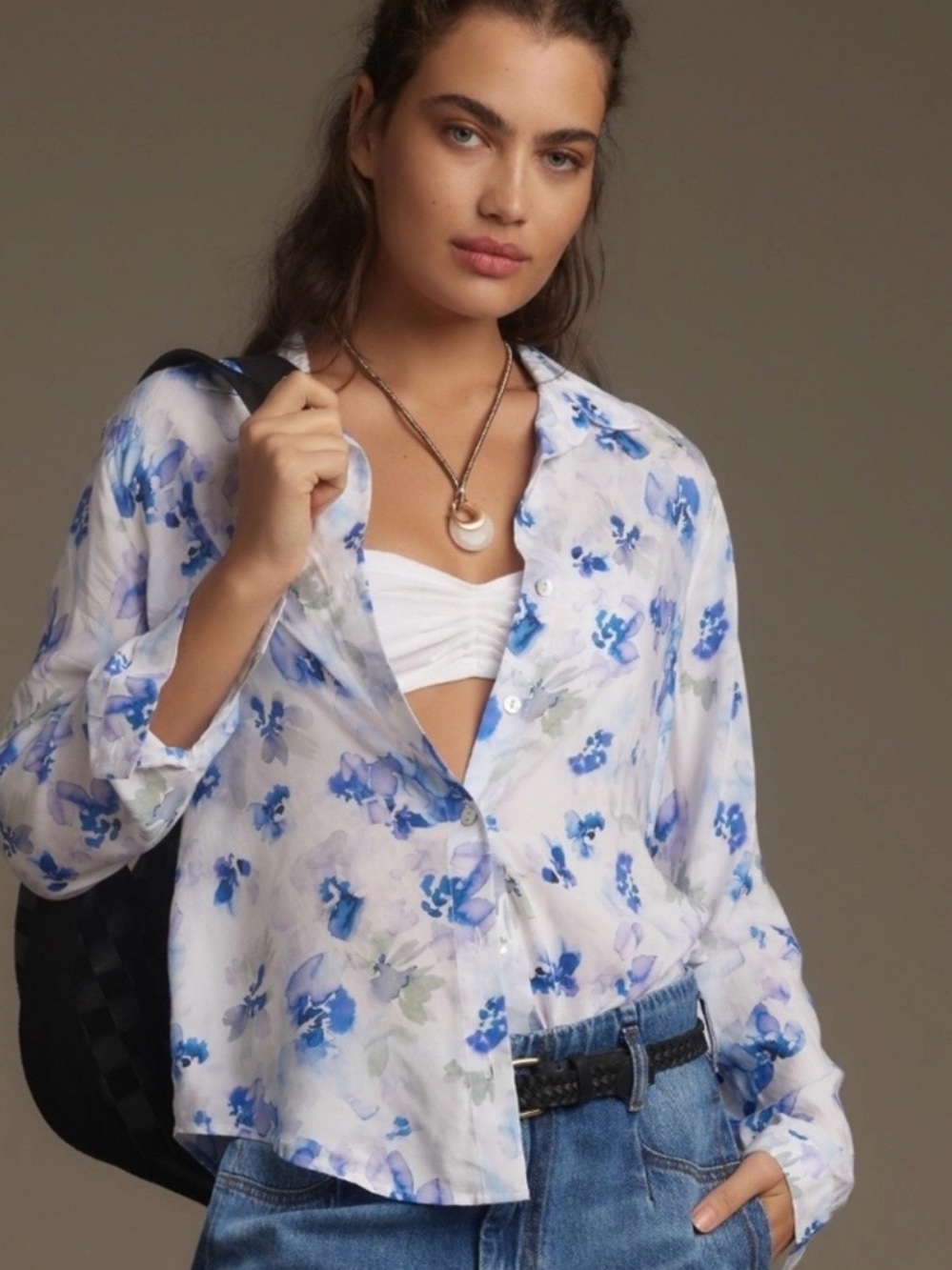 Anthropologie Cloth & Stone Watercolor Print Buttondown Blouse, M